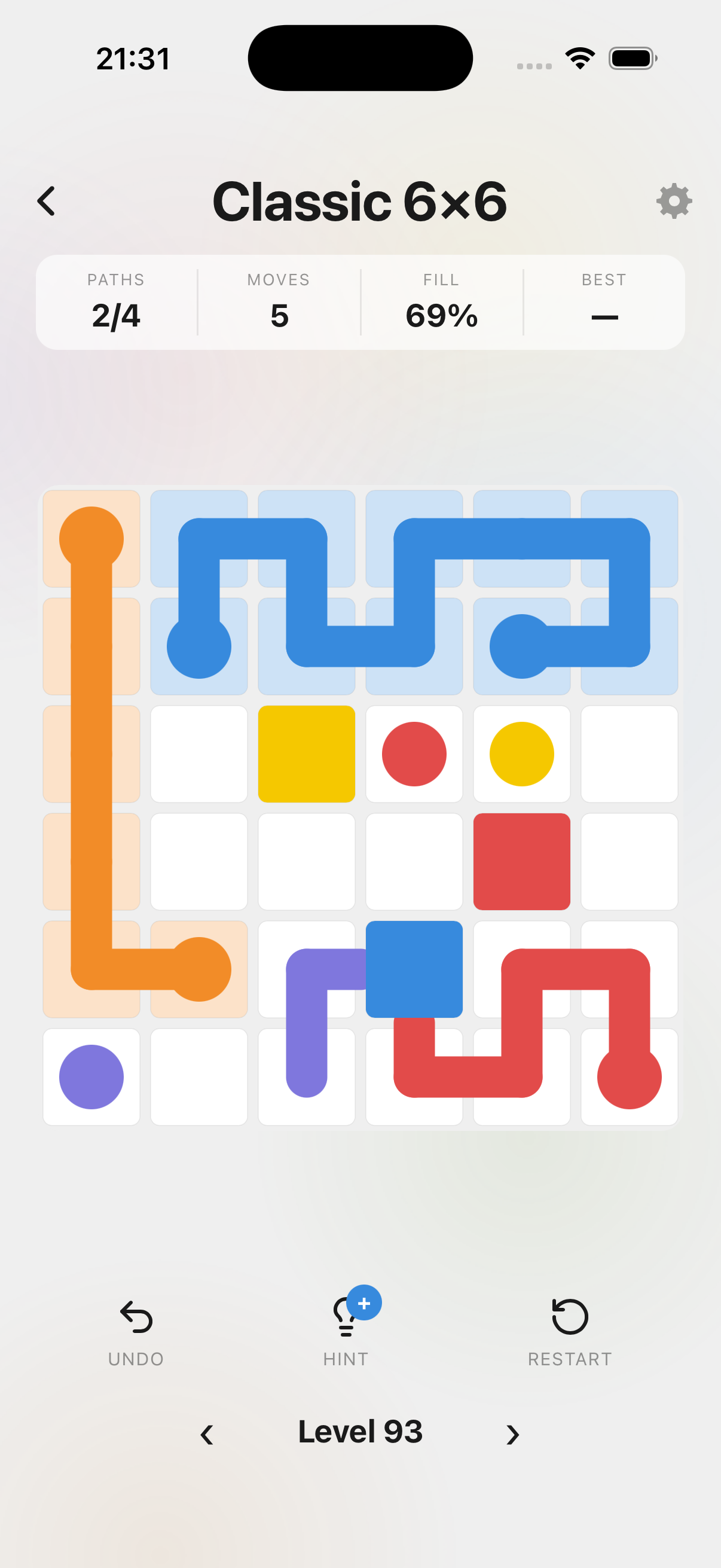 Classic 6 by 6 puzzle in progress in Coloray